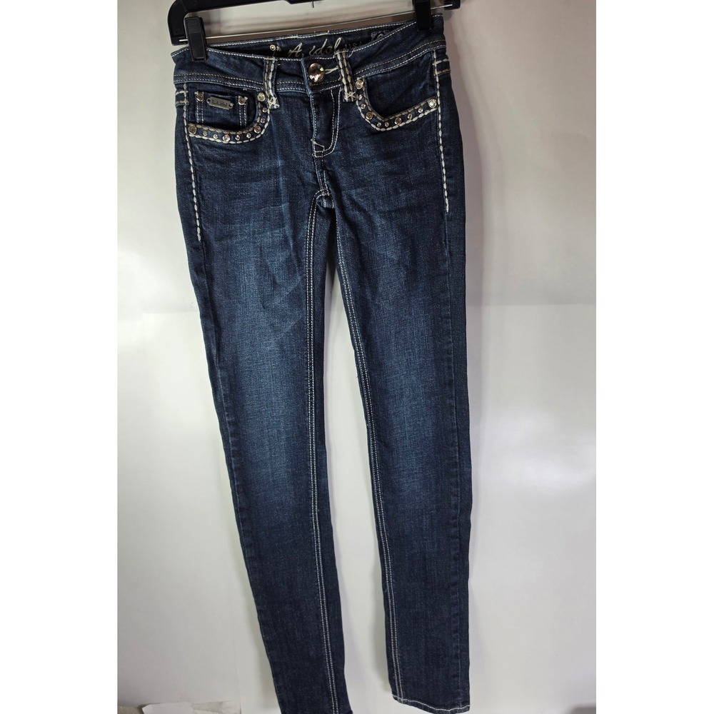 LA Idol USA Jeans Womens 0 W26 L31.5 Skinny Bling Rhinestone Thick Stitch Y2K